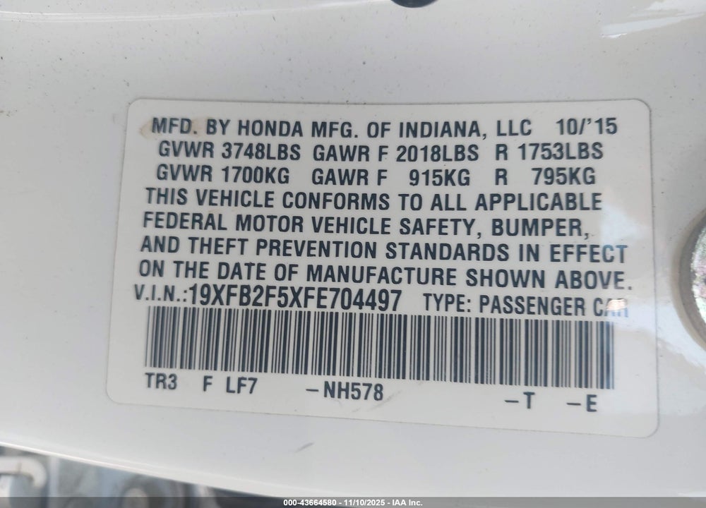 2015 HONDA CIVIC LX VIN: 19XFB2F5XFE704497