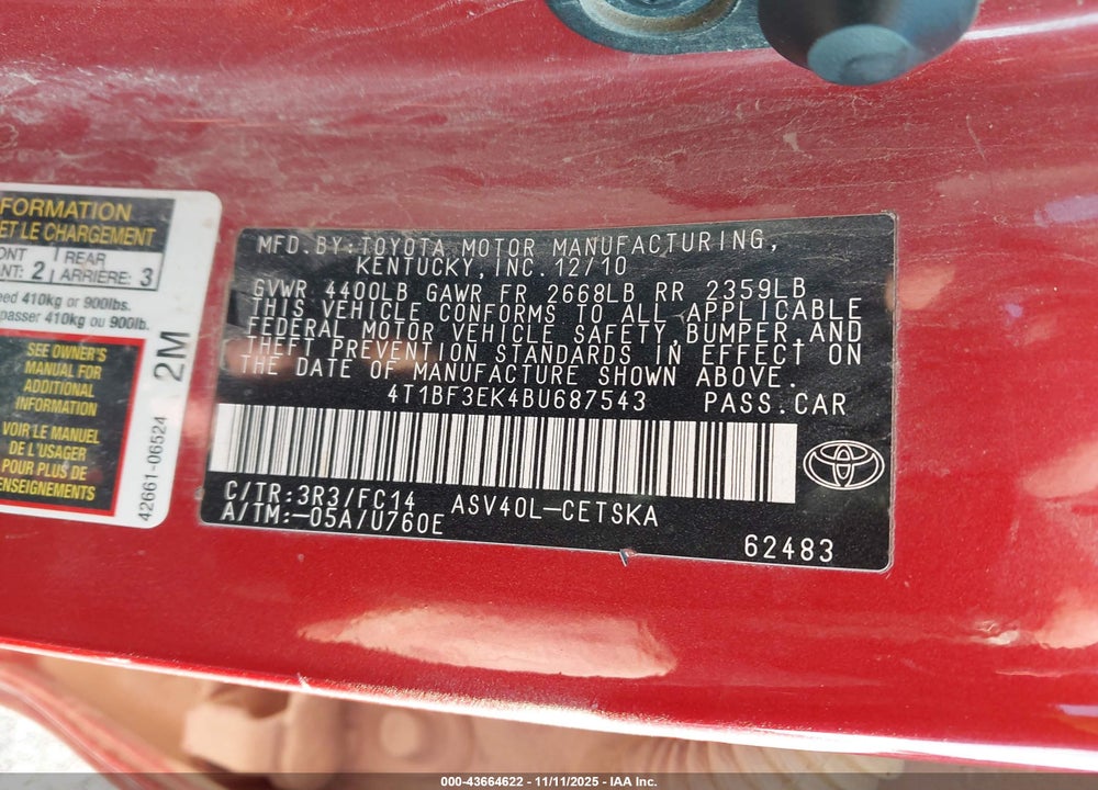 2011 TOYOTA CAMRY VIN: 4T1BF3EK4BU687543