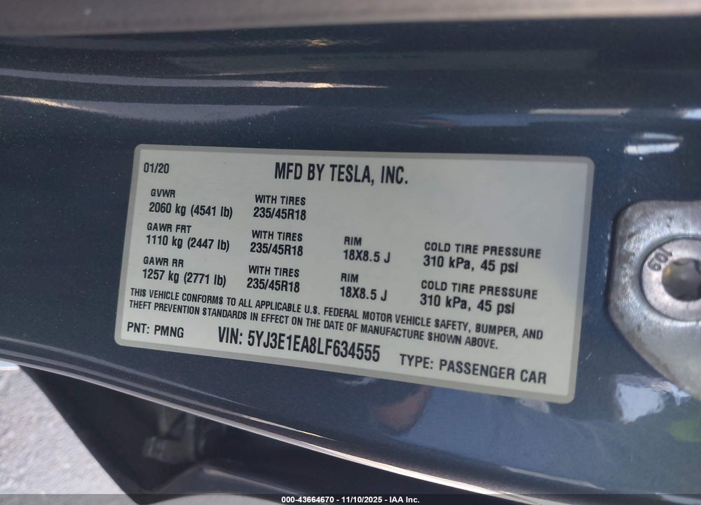 2020 TESLA MODEL 3 STANDARD RANGE PLUS REAR-WHEEL DRIVE/STANDARD RANGE REAR-WHEEL DRIVE VIN: 5YJ3E1EA8LF634555