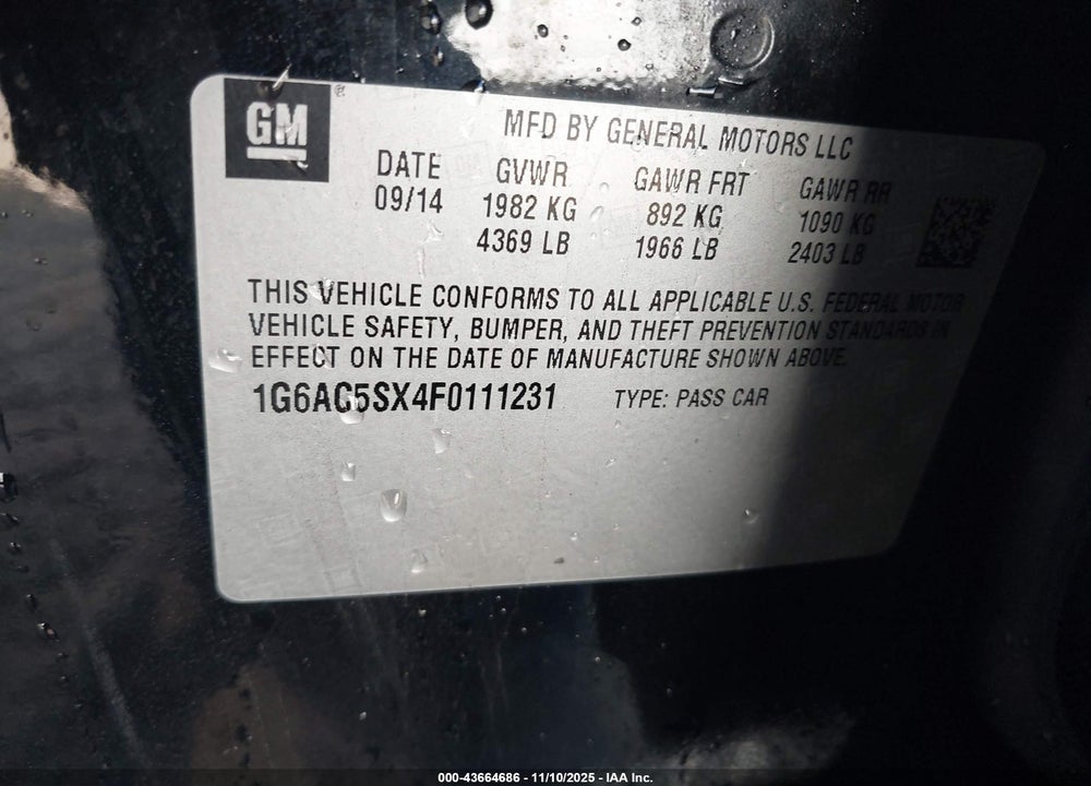2015 CADILLAC ATS PERFORMANCE VIN: 1G6AC5SX4F0111231