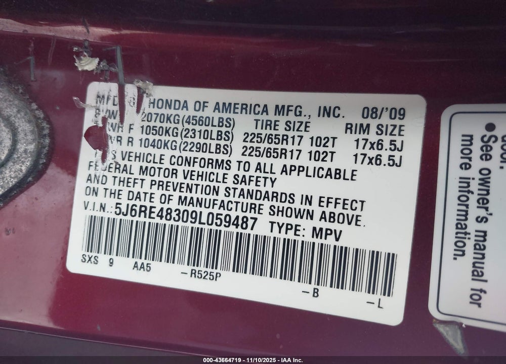 2009 HONDA CR-V LX VIN: 5J6RE48309L059487