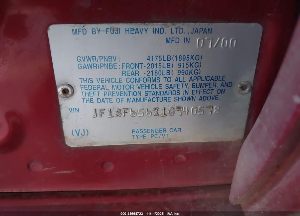 2001 SUBARU FORESTER S VIN: JF1SF656X1G740578