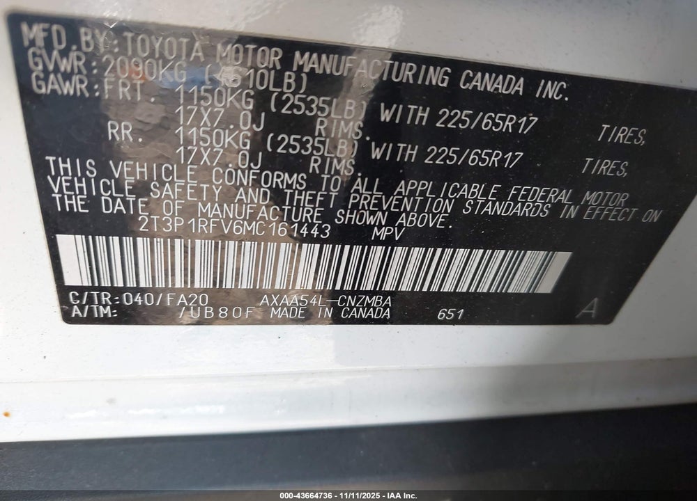 2021 TOYOTA RAV4 XLE VIN: 2T3P1RFV6MC161443