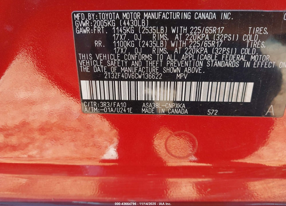 2012 TOYOTA RAV4 VIN: 2T3ZF4DV6CW136622