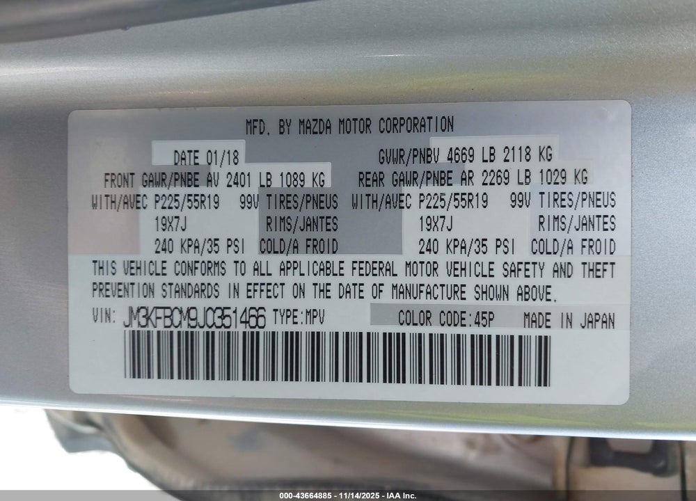 2018 MAZDA CX-5 TOURING VIN: JM3KFBCM9J0351466