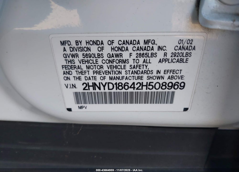 2002 ACURA MDX VIN: 2HNYD18642H508969