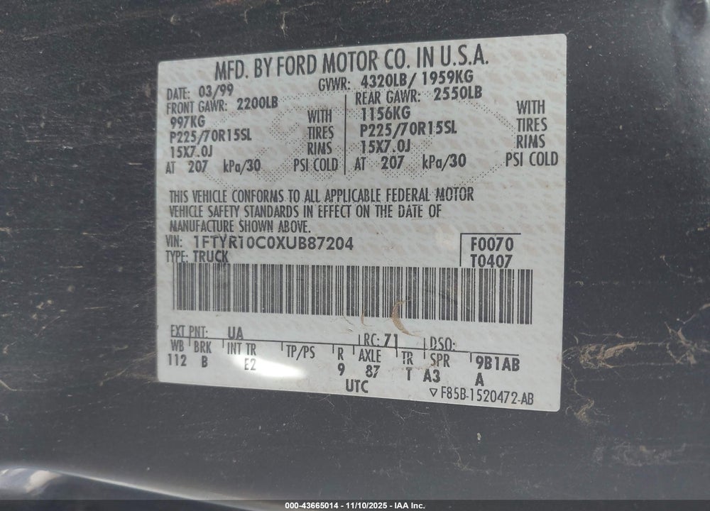 1999 FORD RANGER XL/XLT VIN: 1FTYR10C0XUB87204