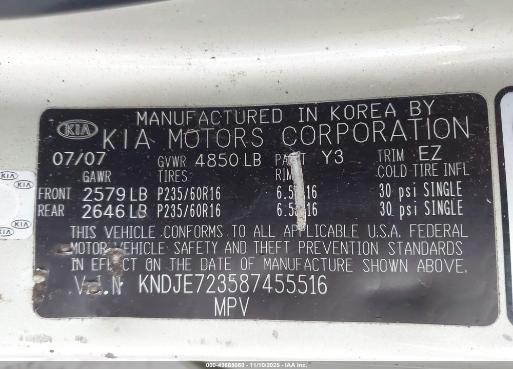 2008 KIA SPORTAGE LX V6 VIN: KNDJE723587455516