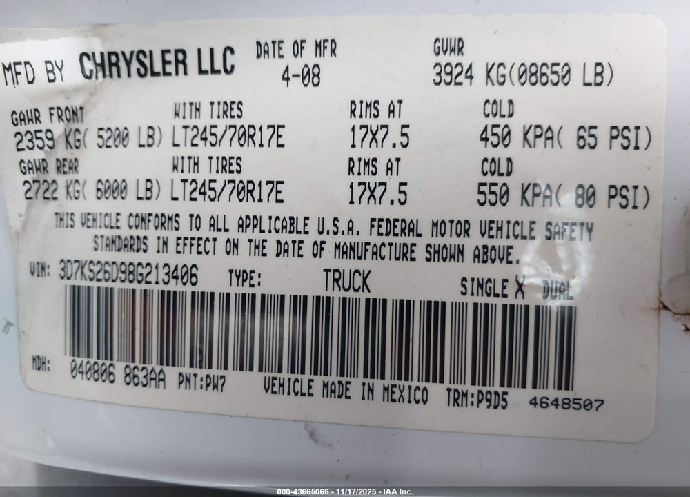2008 DODGE RAM 2500 ST/SXT VIN: 3D7KS26D98G213406