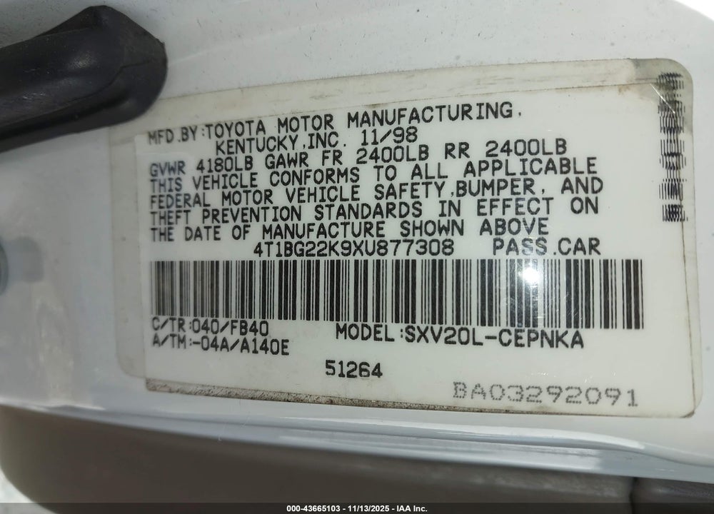 1999 TOYOTA CAMRY LE VIN: 4T1BG22K9XU877308