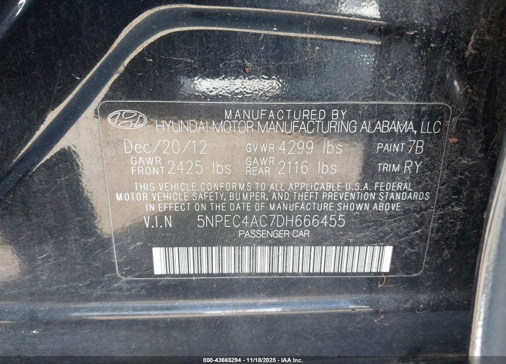 2013 HYUNDAI SONATA SE VIN: 5NPEC4AC7DH666455