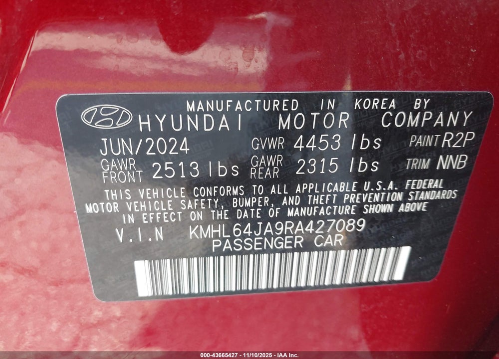 2024 HYUNDAI SONATA VIN: KMHL64JA9RA427089