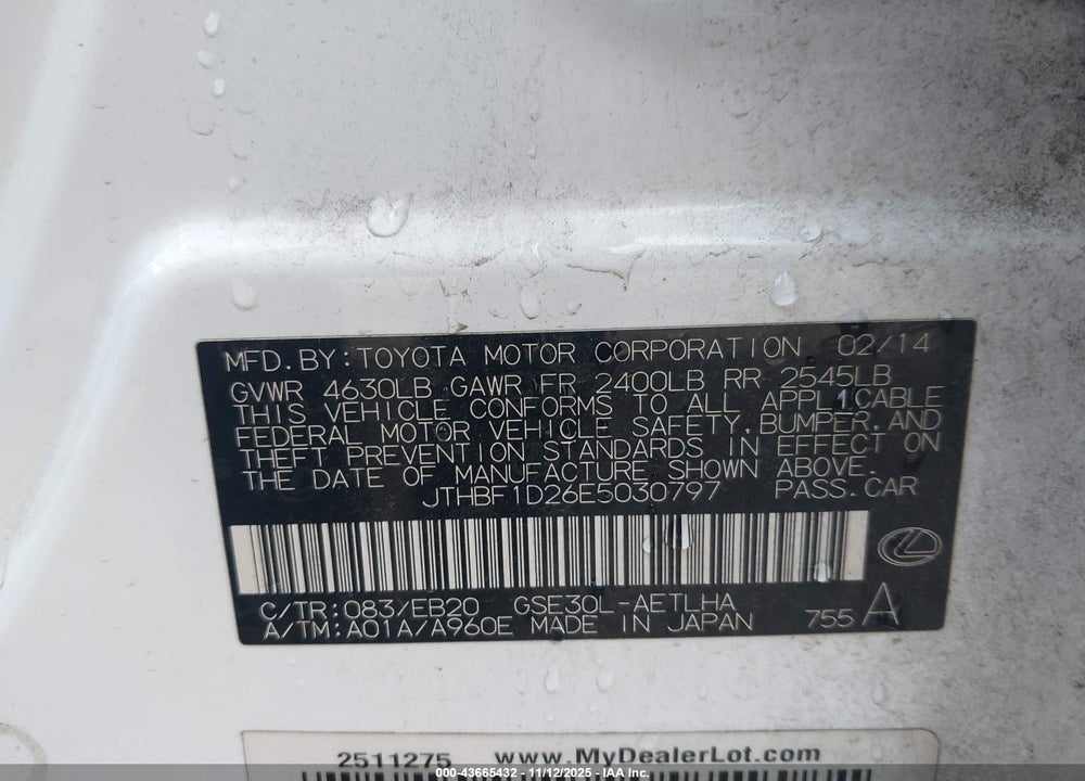 2014 LEXUS IS 250 VIN: JTHBF1D26E5030797