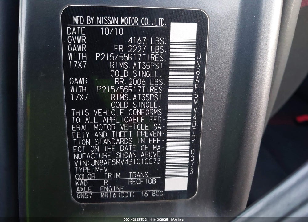 2011 NISSAN JUKE SV VIN: JN8AF5MV4BT010073