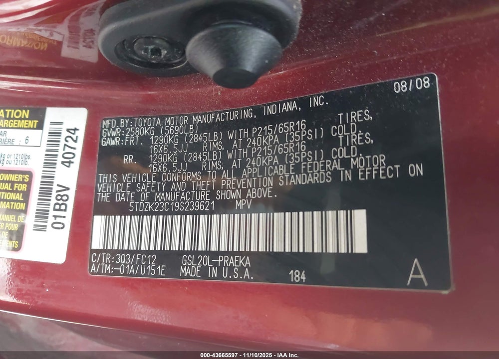2009 TOYOTA SIENNA LE VIN: 5TDZK23C19S239621