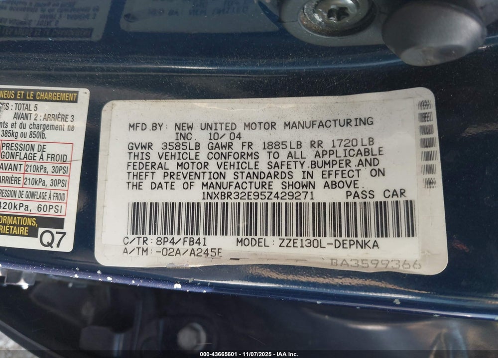 2005 TOYOTA COROLLA LE VIN: 1NXBR32E95Z429271