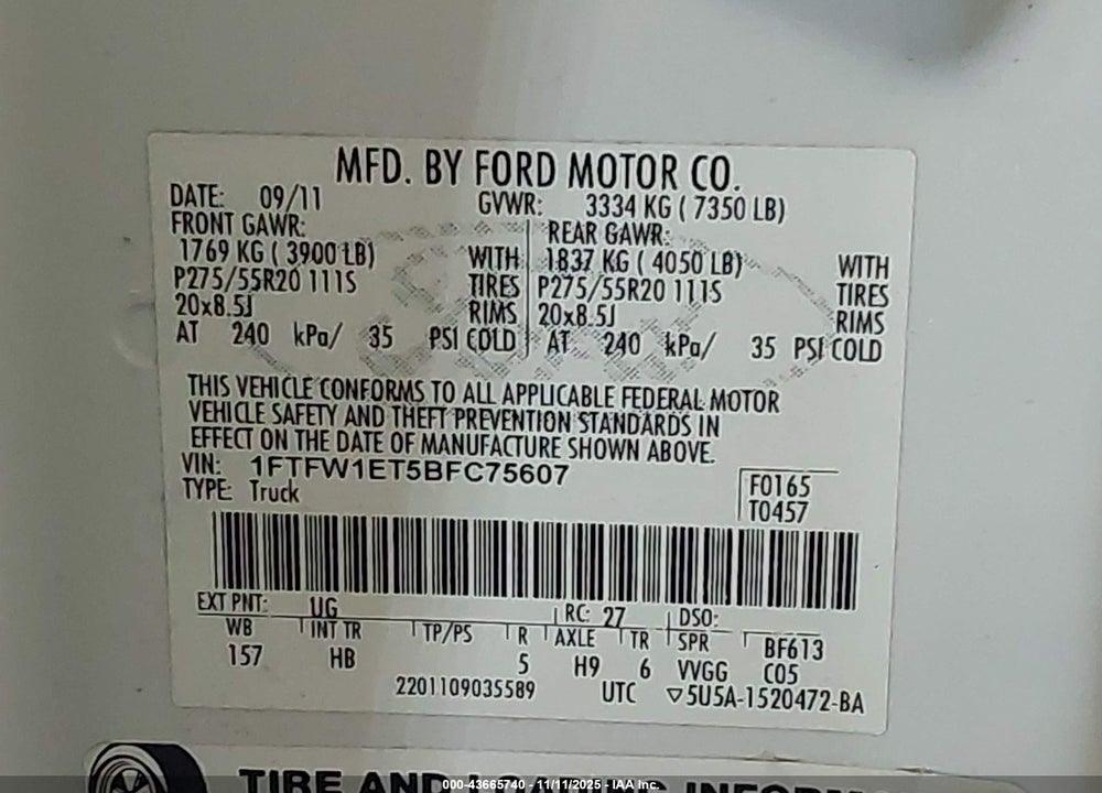2011 FORD F-150 VIN: 1FTFW1ET5BFC75607