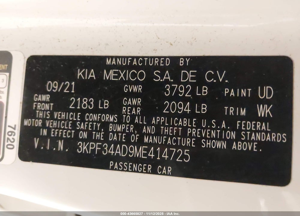 2021 KIA FORTE GT LINE VIN: 3KPF34AD9ME414725