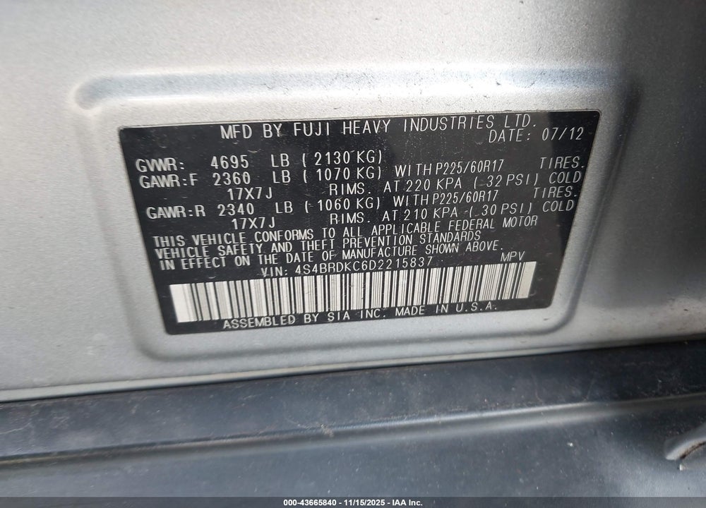 2013 SUBARU OUTBACK 3.6R LIMITED VIN: 4S4BRDKC6D2215837