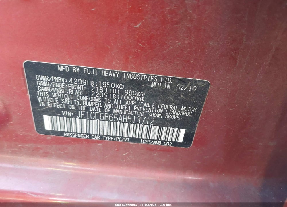2010 SUBARU IMPREZA 2.5I PREMIUM VIN: JF1GE6B65AH513712