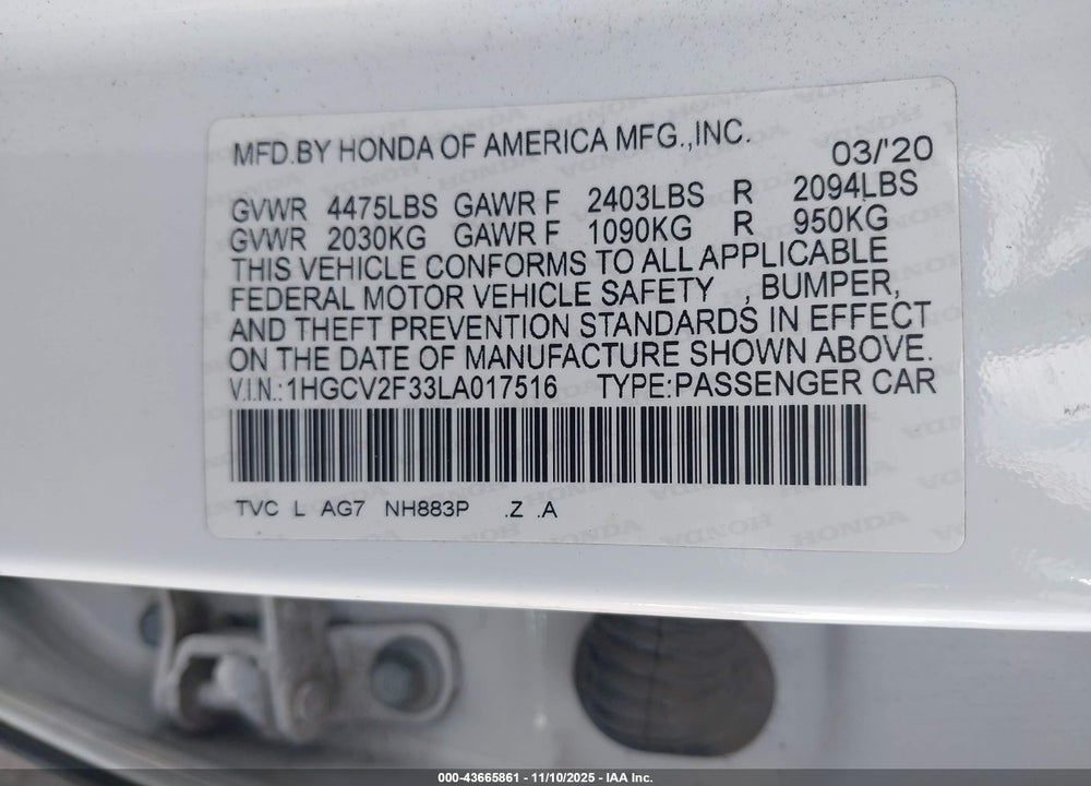 2020 HONDA ACCORD SPORT 2.0T VIN: 1HGCV2F33LA017516