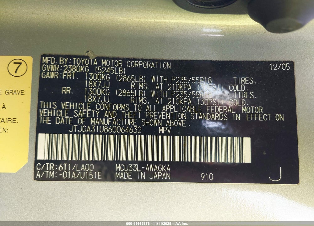 2006 LEXUS RX 330 VIN: JTJGA31U860064632