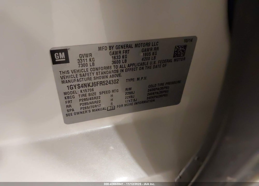 2015 CADILLAC ESCALADE PREMIUM VIN: 1GYS4NKJ6FR524302