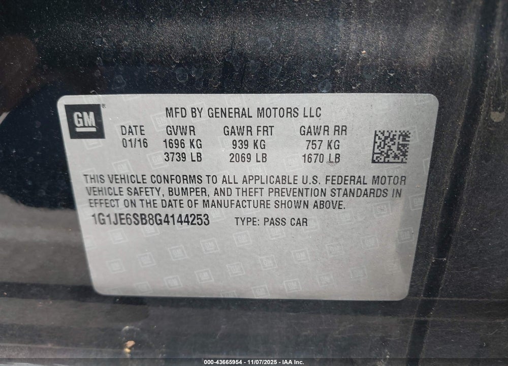 2016 CHEVROLET SONIC LTZ AUTO VIN: 1G1JE6SB8G4144253