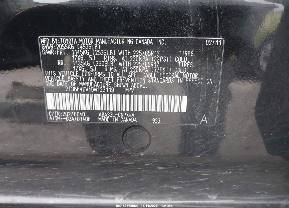 2011 TOYOTA RAV4 VIN: 2T3BF4DV4BW122119
