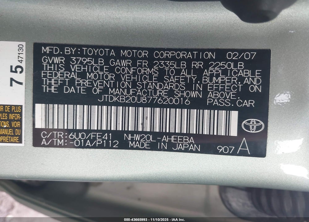 2007 TOYOTA PRIUS VIN: JTDKB20U877620016