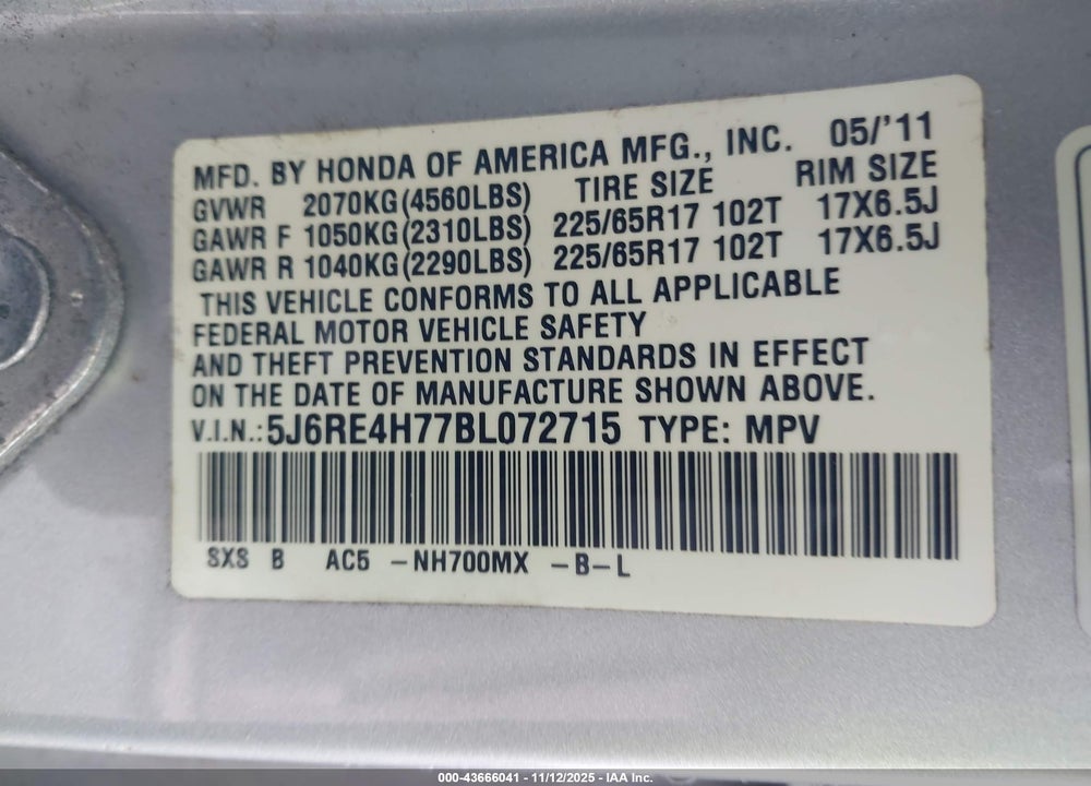 2011 HONDA CR-V EX-L VIN: 5J6RE4H77BL072715