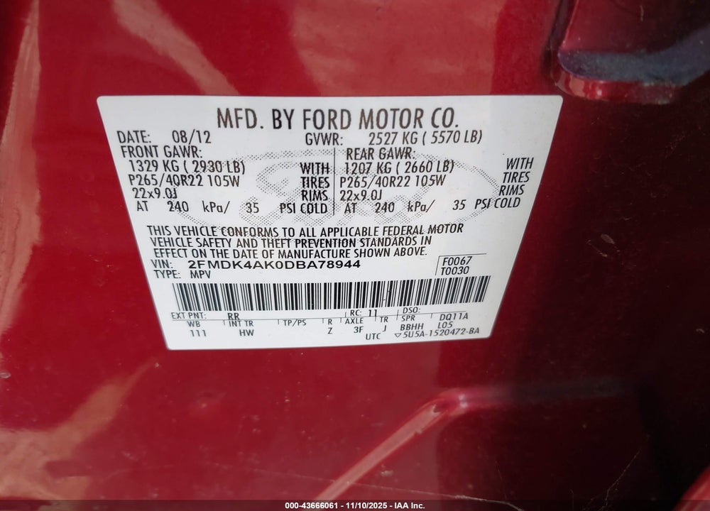 2013 FORD EDGE SPORT VIN: 2FMDK4AK0DBA78944