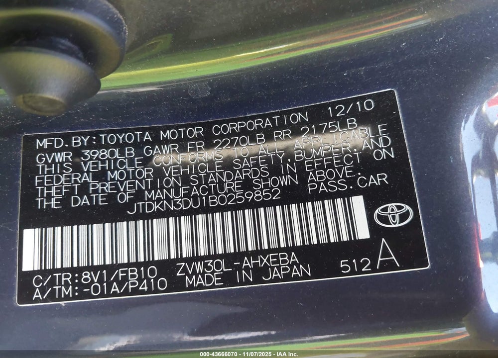 2011 TOYOTA PRIUS TWO VIN: JTDKN3DU1B0259852