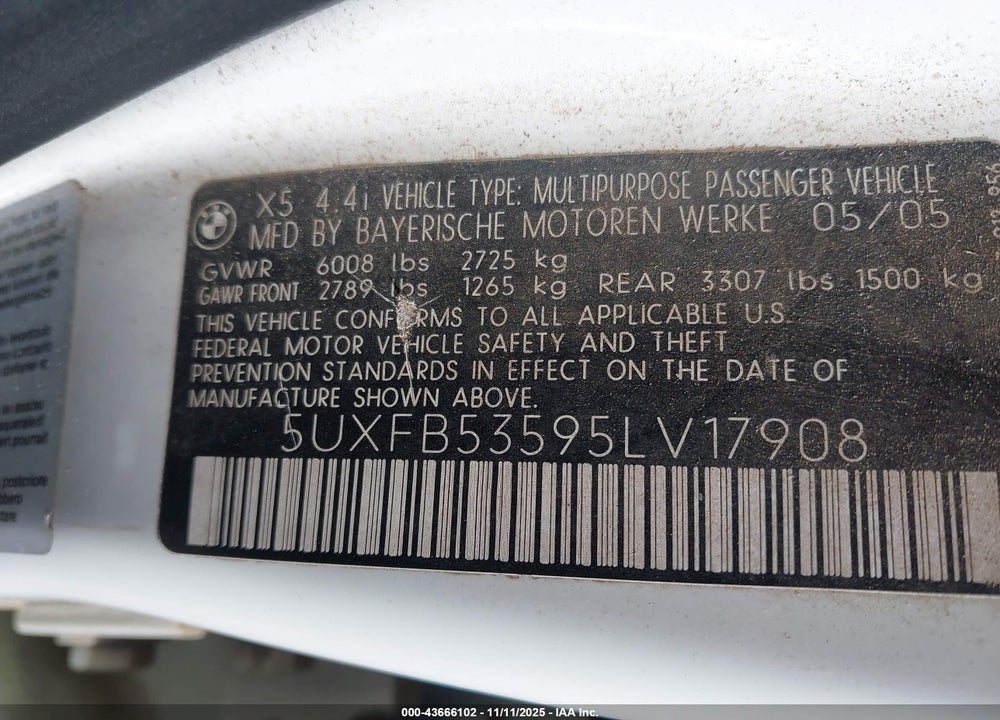 2005 BMW X5 4.4I VIN: 5UXFB53595LV17908