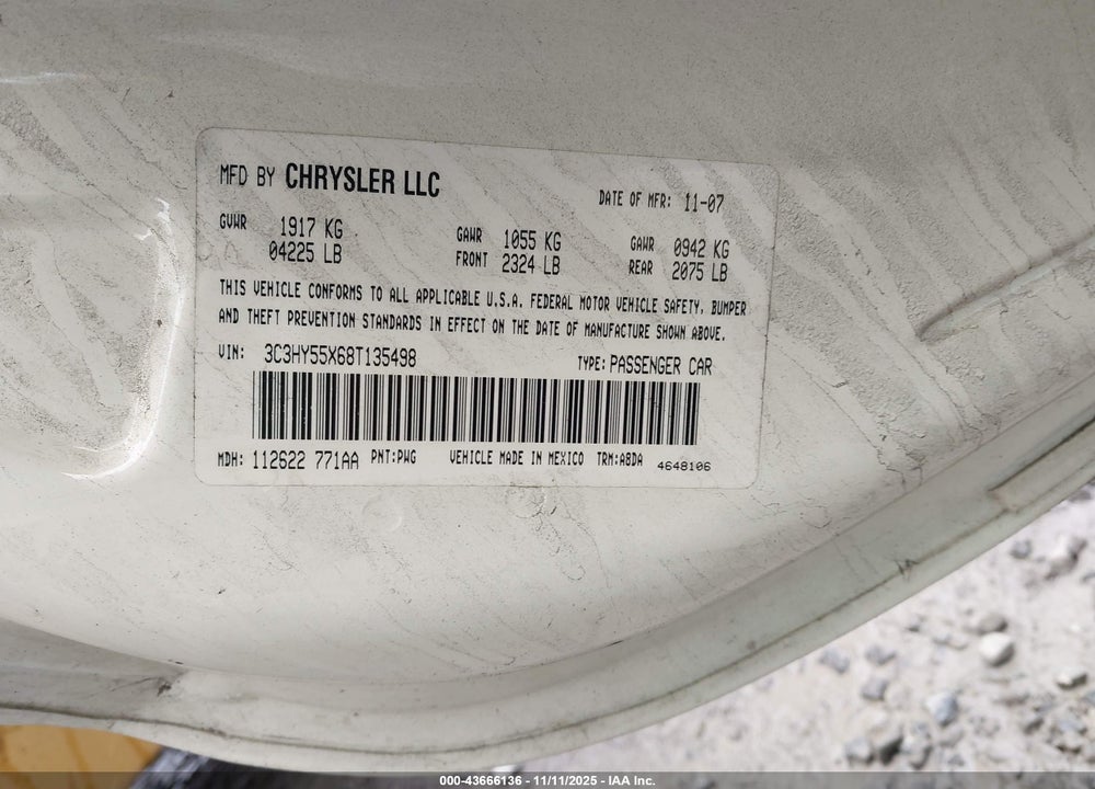 2008 CHRYSLER PT CRUISER VIN: 3C3HY55X68T135498