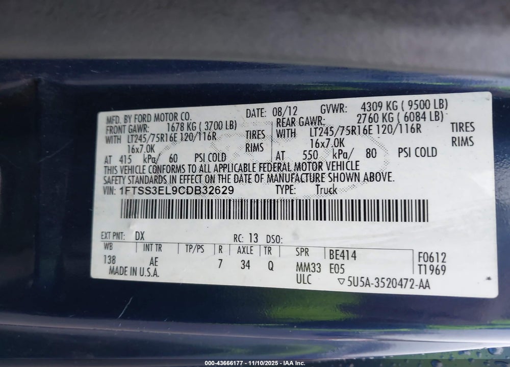 2012 FORD E-350 SUPER DUTY COMMERCIAL VIN: 1FTSS3EL9CDB32629