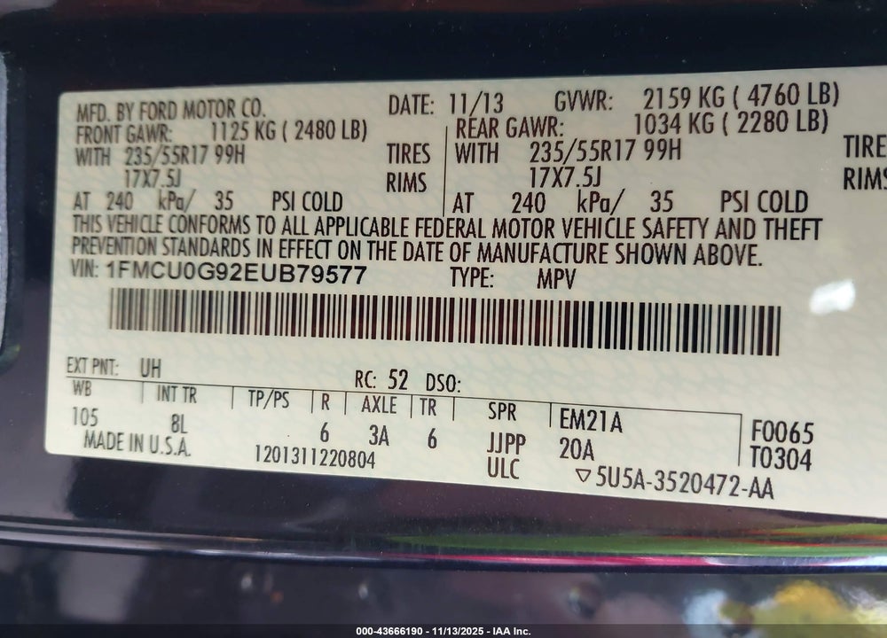 2014 FORD ESCAPE VIN: 1FMCU0G92EUB79577