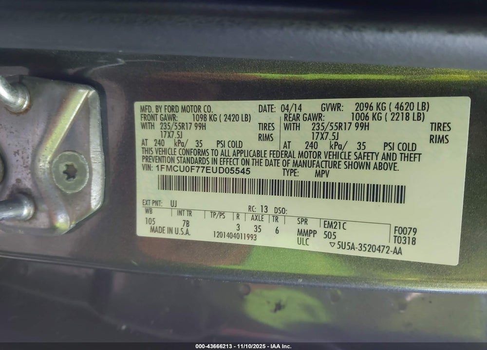 2014 FORD ESCAPE S VIN: 1FMCU0F77EUD05545