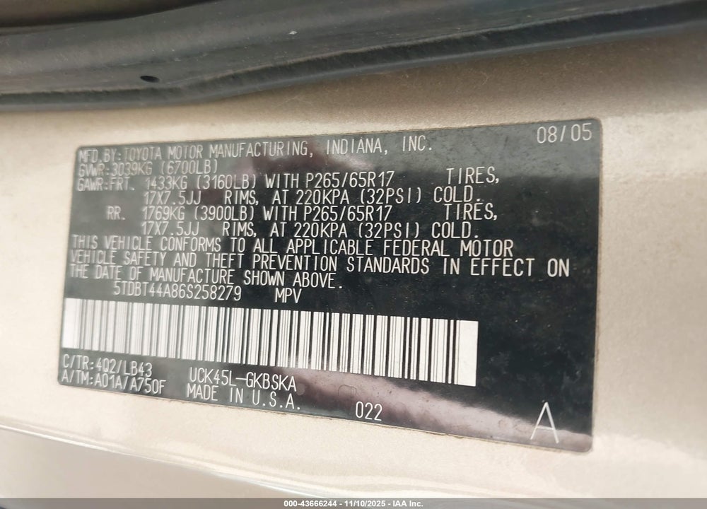 2006 TOYOTA SEQUOIA VIN: 5TDBT44A86S258279