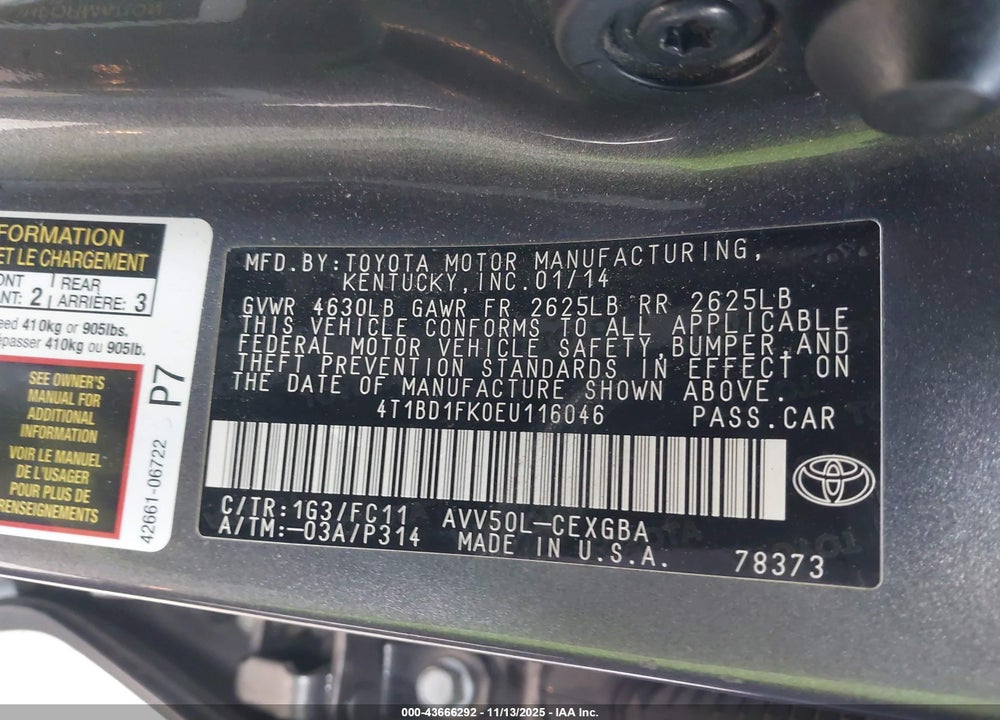 2014 TOYOTA CAMRY HYBRID XLE VIN: 4T1BD1FK0EU116046