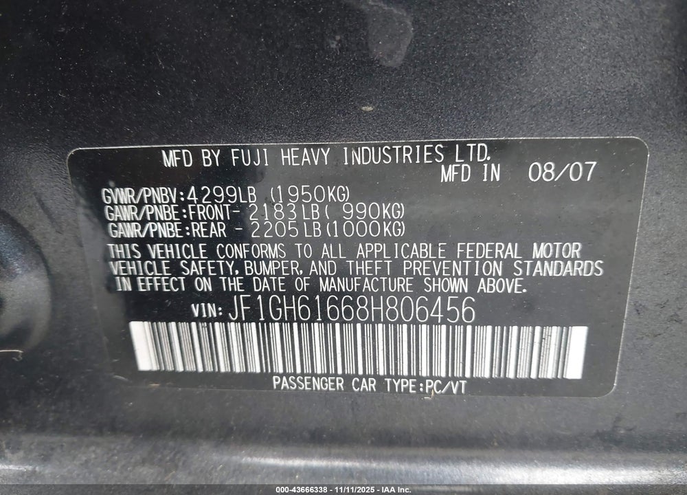2008 SUBARU IMPREZA 2.5I VIN: JF1GH61668H806456