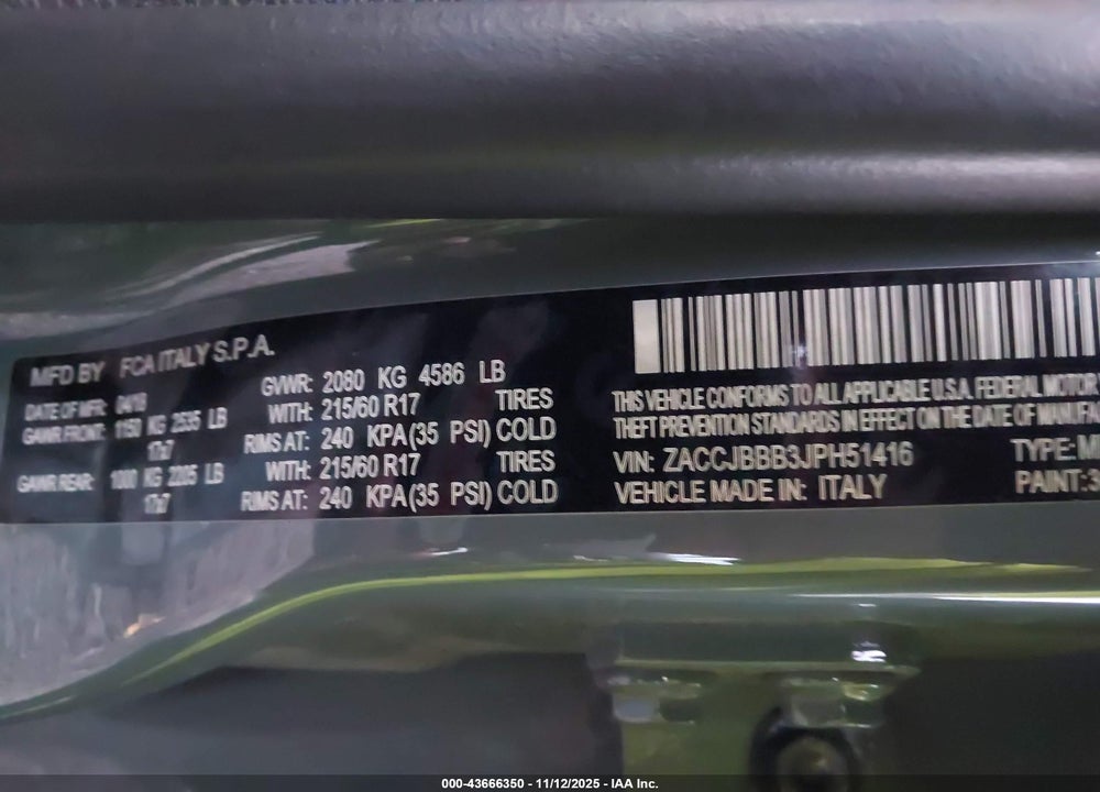 2018 JEEP RENEGADE LATITUDE 4X4 VIN: ZACCJBBB3JPH51416