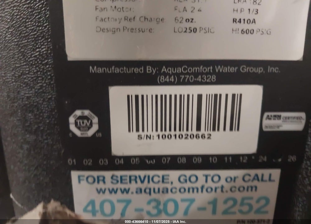 2025 AQUA COMFORT POOL HEATING PUMP SS-120 VIN: 1001020662