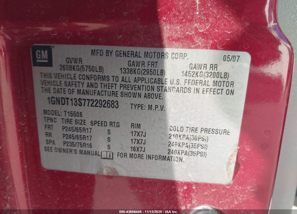 2007 CHEVROLET TRAILBLAZER VIN: 1GNDT13S772292683