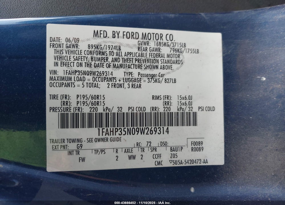 2009 FORD FOCUS SE VIN: 1FAHP35N09W269314