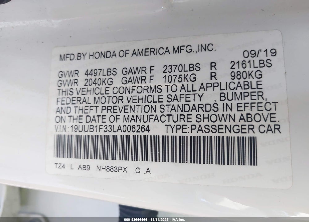 2020 ACURA TLX STANDARD VIN: 19UUB1F33LA006264