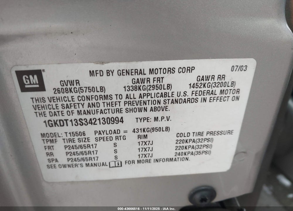 2004 GMC ENVOY SLT VIN: 1GKDT13S342130994