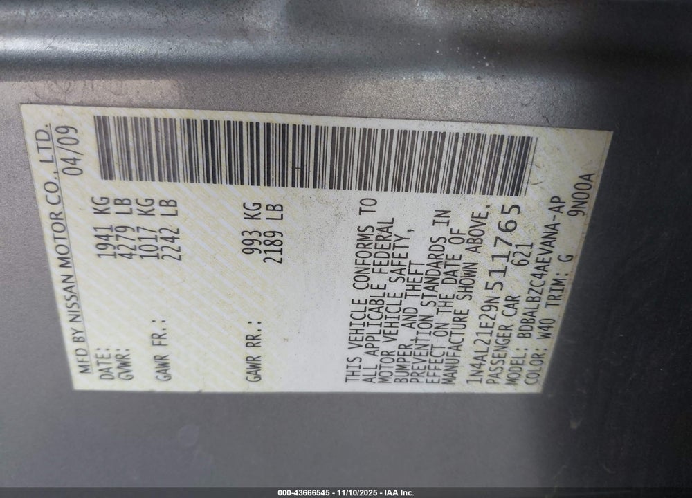 2009 NISSAN ALTIMA 2.5 S VIN: 1N4AL21E29N511765