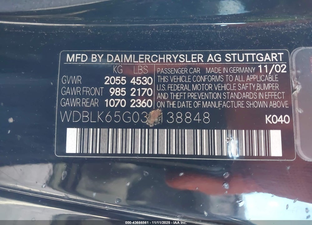 2003 MERCEDES-BENZ CLK 320 VIN: WDBLK65G03T138848