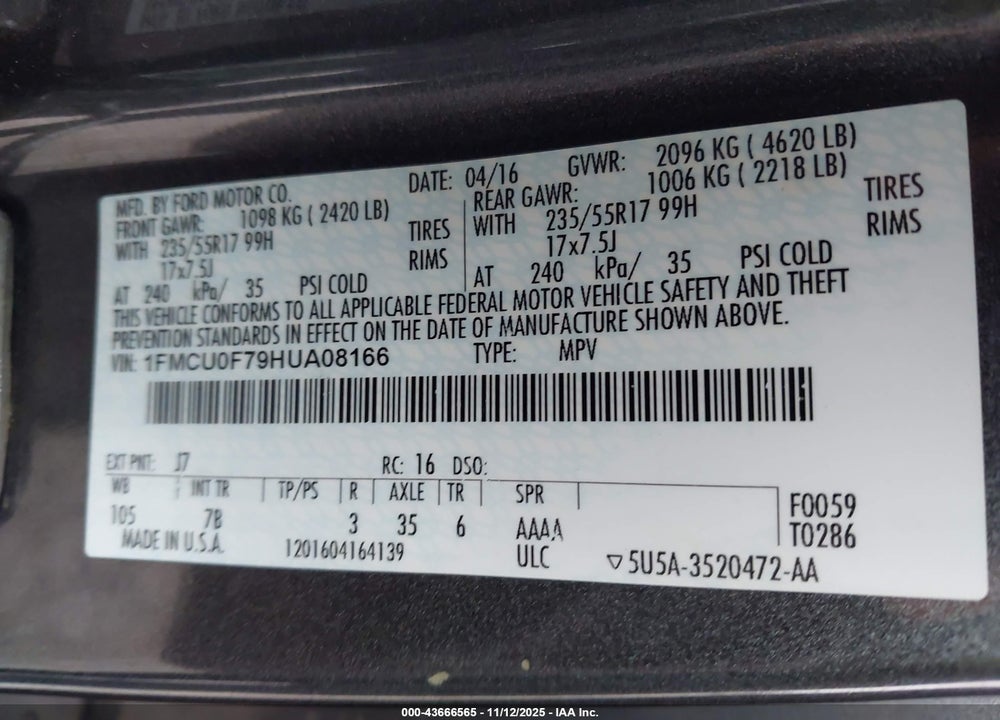 2017 FORD ESCAPE VIN: 1FMCU0F79HUA08166